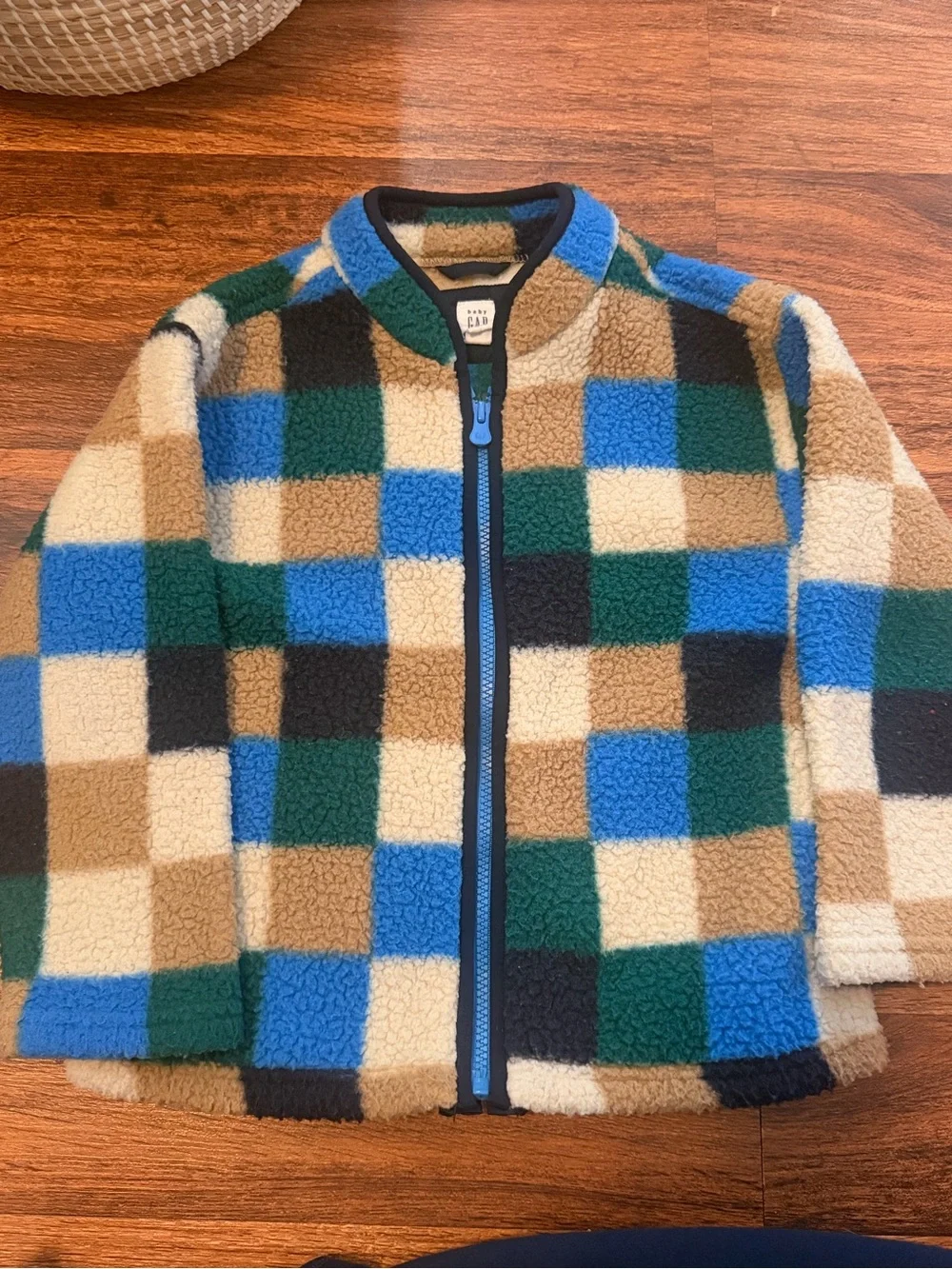 GAP Kids Sherpa Zip Jacket - Blue, Green & Tan Check